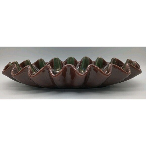 Royal Haeger Ruffle Dish Brown Green VTG Glaze R309 USA Scalloped Console - Picture 2 of 7